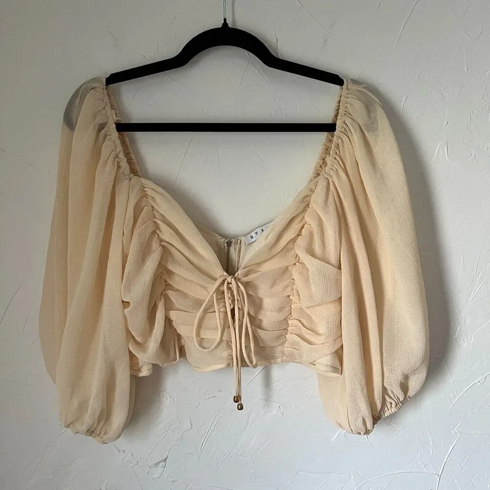Fairy Cream Ruched Puff Sleeve Crop Top HYFVE Romantic Cottagecore Coquette Sz L - Picture 6 of 9